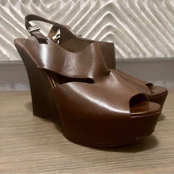 Marni Brown Leather Cutout Slingback Platform Wedge Wood 5” Heel 40 8.5 - Picture 6 of 16